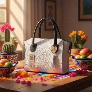Black and White Embossed Tooled Artisan LEATHER Bag Purse Bolsa Artesanal Mexico
